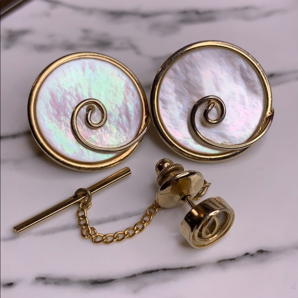 Vintage Swank Mother Of Pearl Cuff Links Tie Set